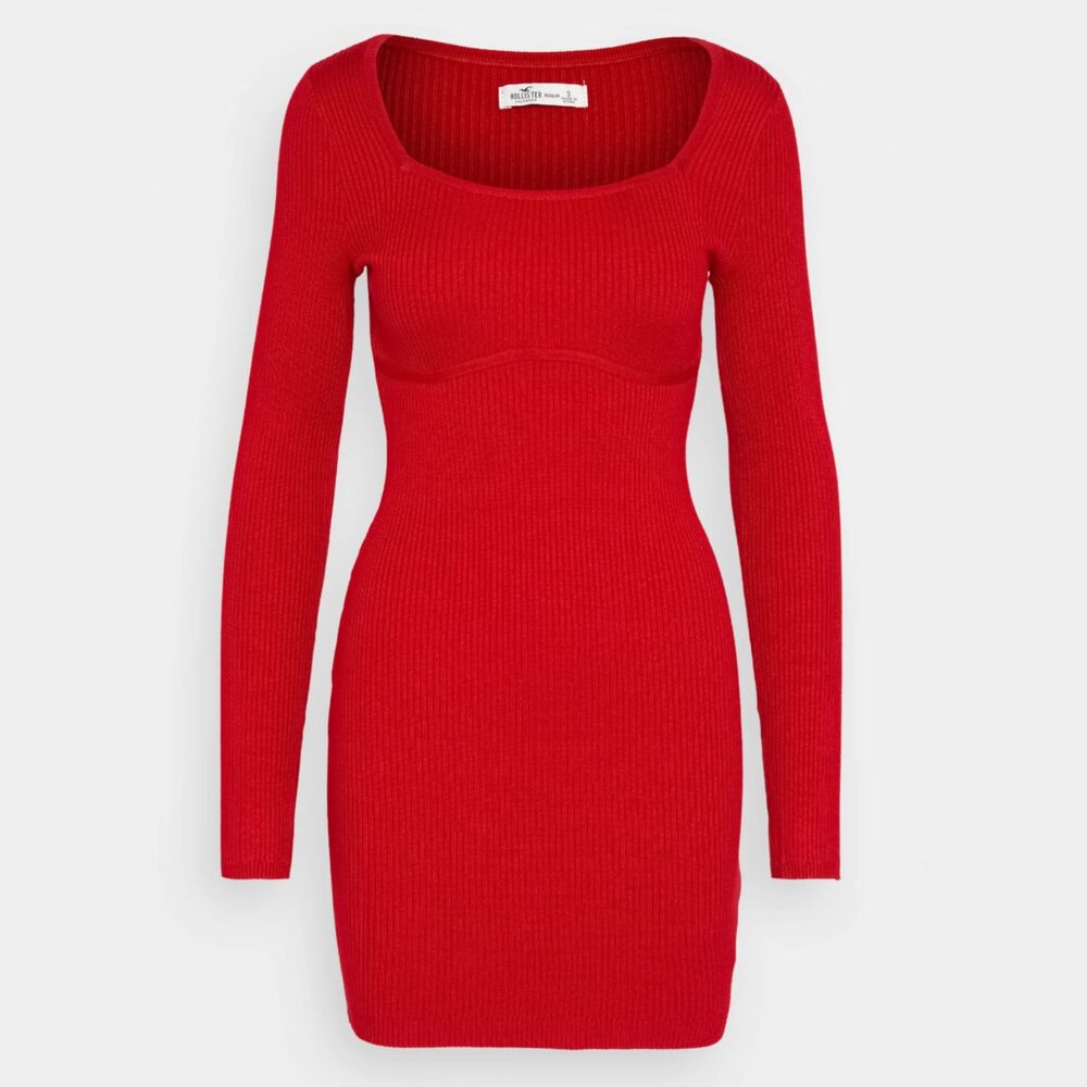 NWOT Hollister Red Ribbed Sweater Dress (L) Square Neckline Underbust Shaping - Picture 3 of 13